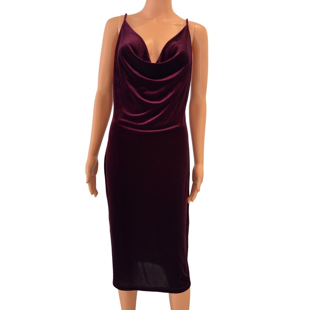 Lulus Burgundy Velvet Cowl Neck Midi Dress XL KD8831 Maroon Bodycon Cocktail